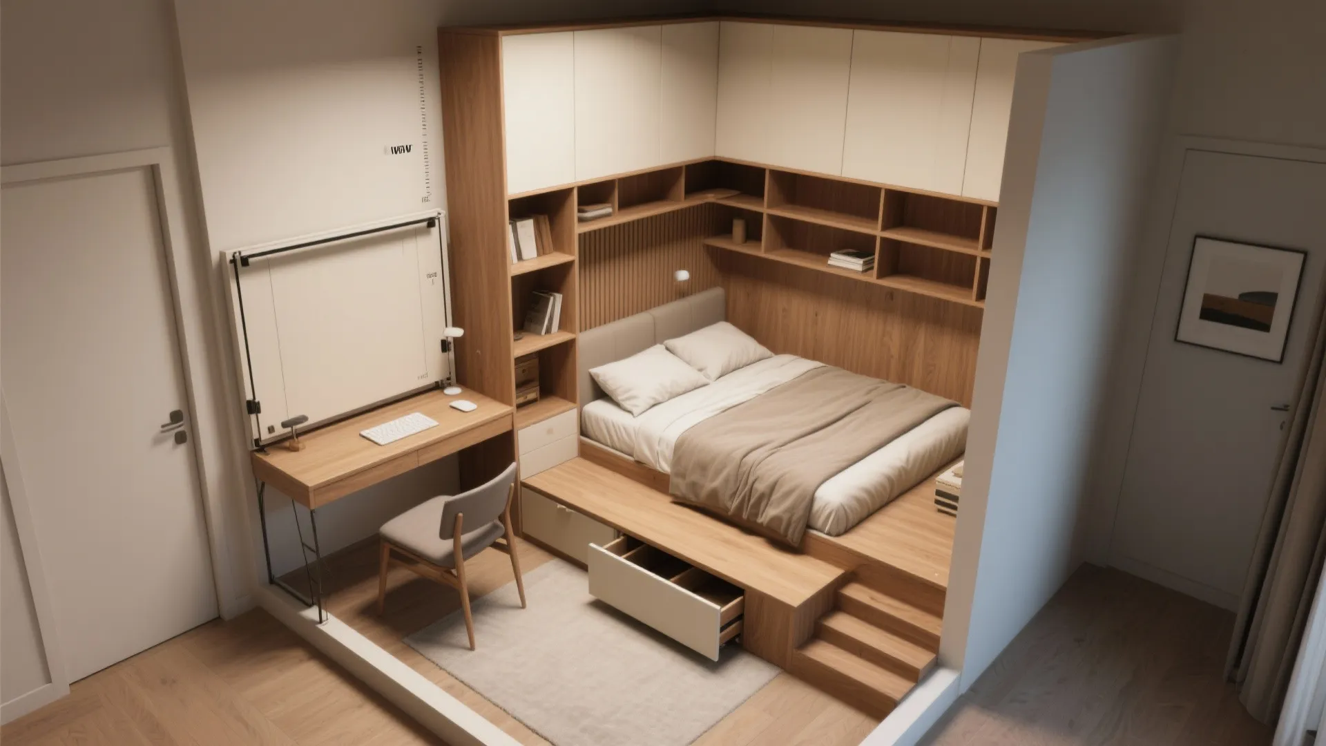 Interior design drawing showing a small bedroom with wood bed desk and overhead storage space