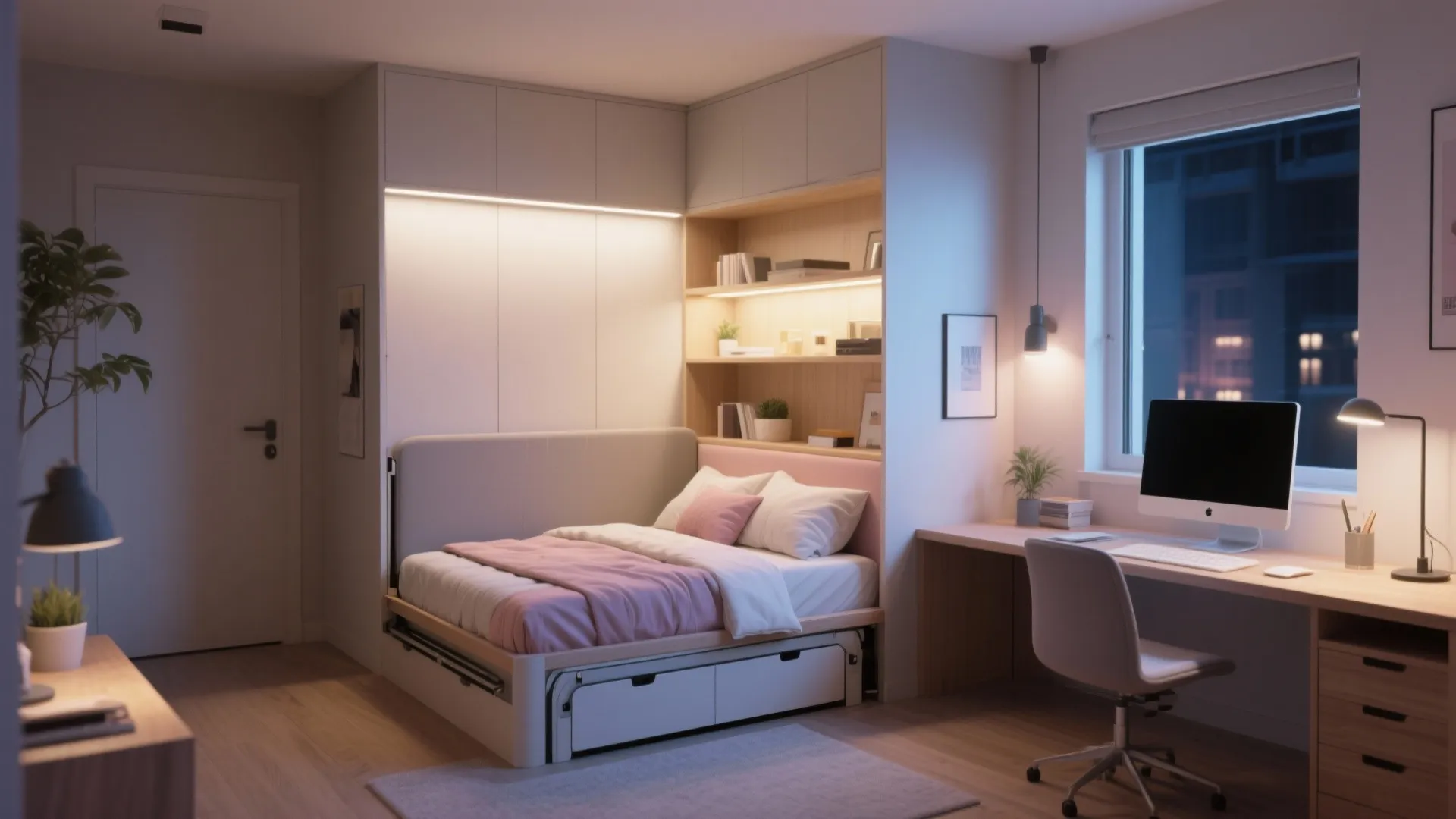 Small multifunctional bedroom featuring a single bed wooden desk computer chair and built-in wall storage cabinets