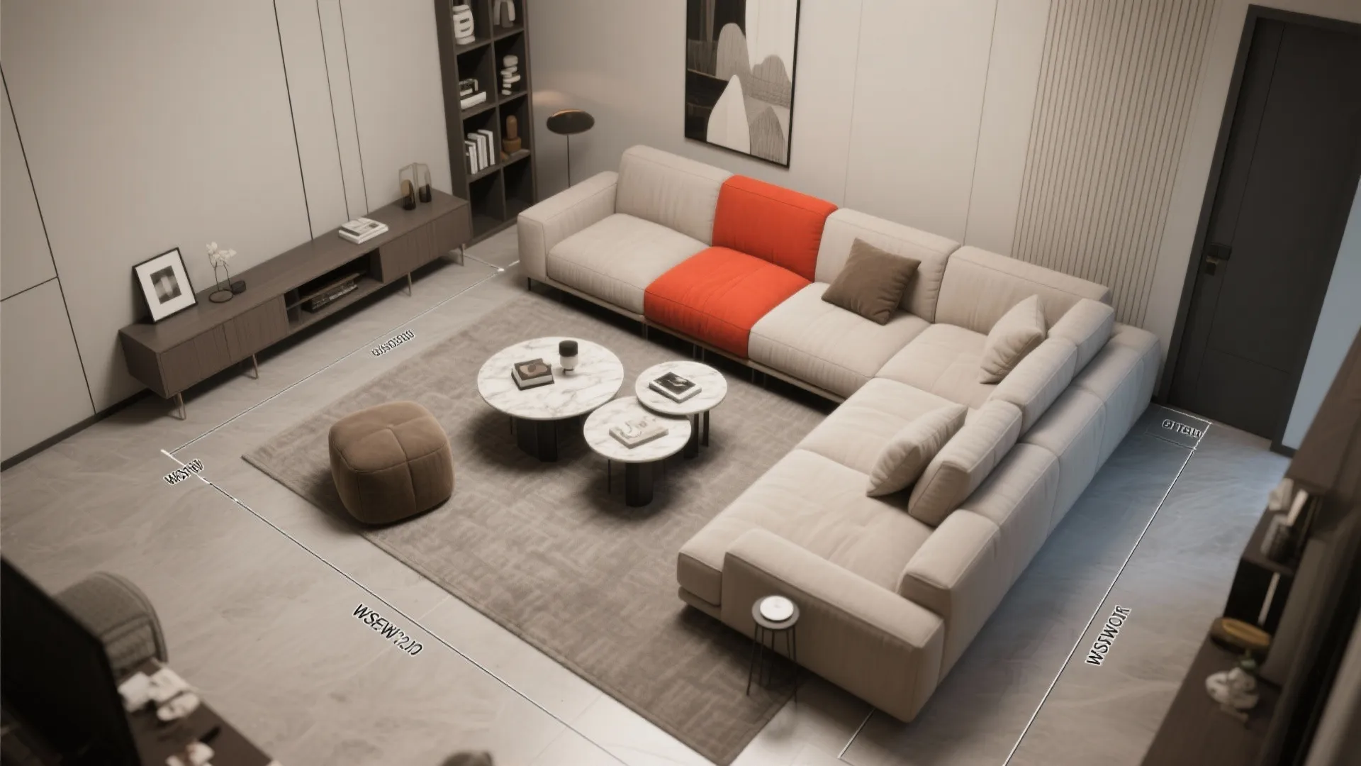 Modern living room layout with large sectional sofa round marble coffee tables and measurement lines
