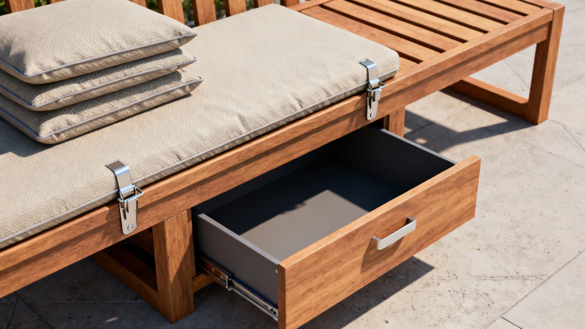 Convertible outdoor bench with hidden storage and weatherproof cushions close-up