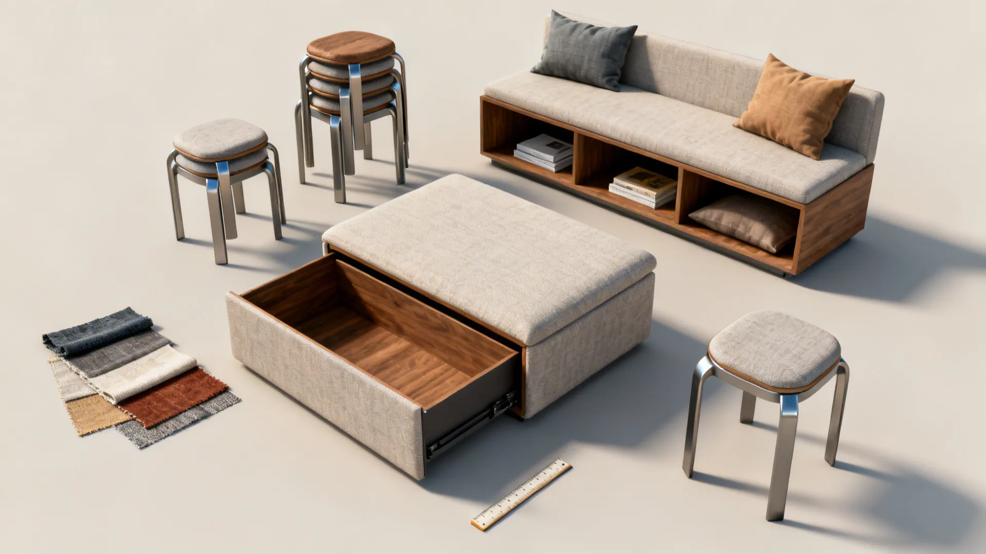 Modern furniture collection including wood sofa with storage fabric samples footrest with drawer and stools