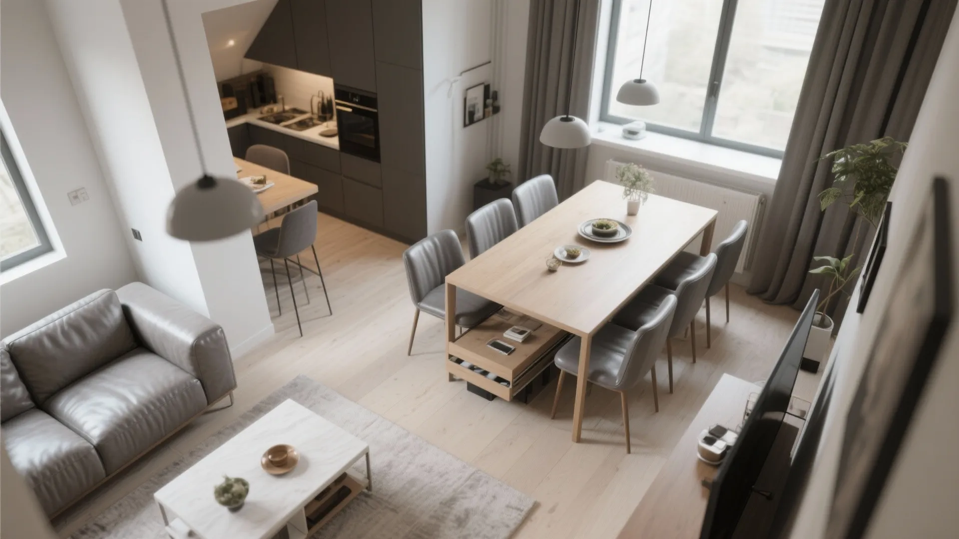 Modern open plan apartment with wood dining table grey chairs sofa and a small kitchen