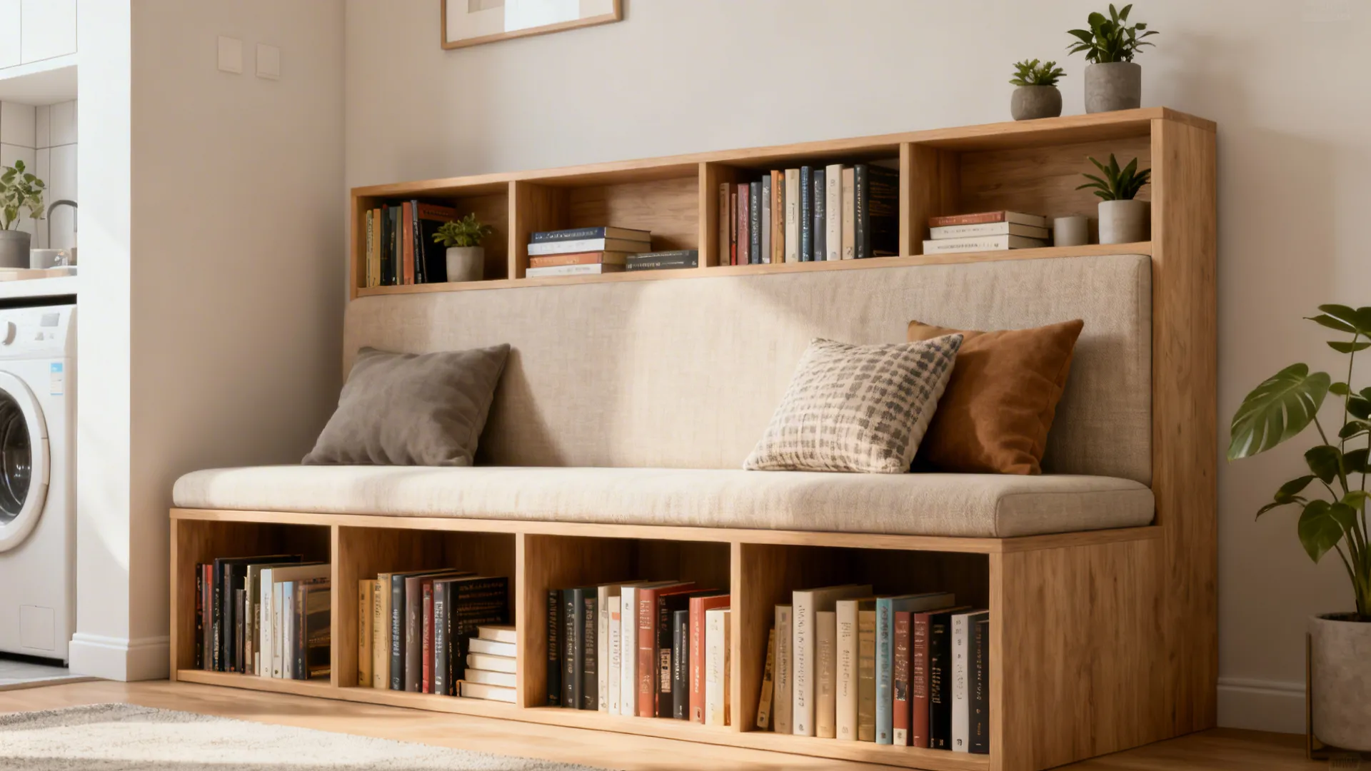 Bench with built-in book cubbies and headboard shelving in a compact room.