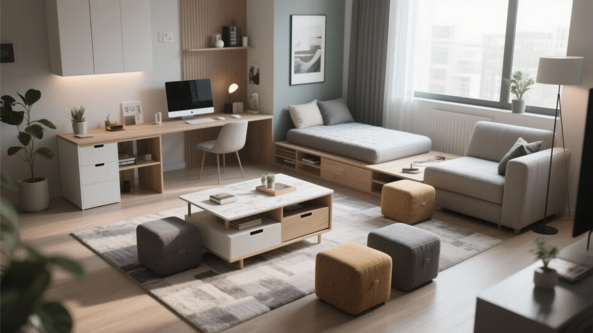 Studio apartment layout featuring a wooden desk sofa bed marble coffee table and colorful square footrests