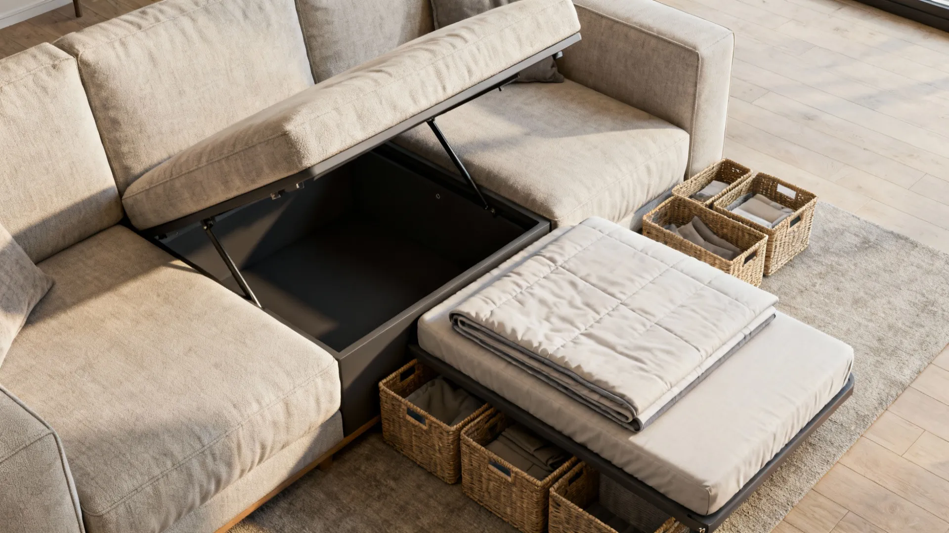 Top-down view of a sofa with built-in storage and a compact sleeper loveseat demonstrating dual function