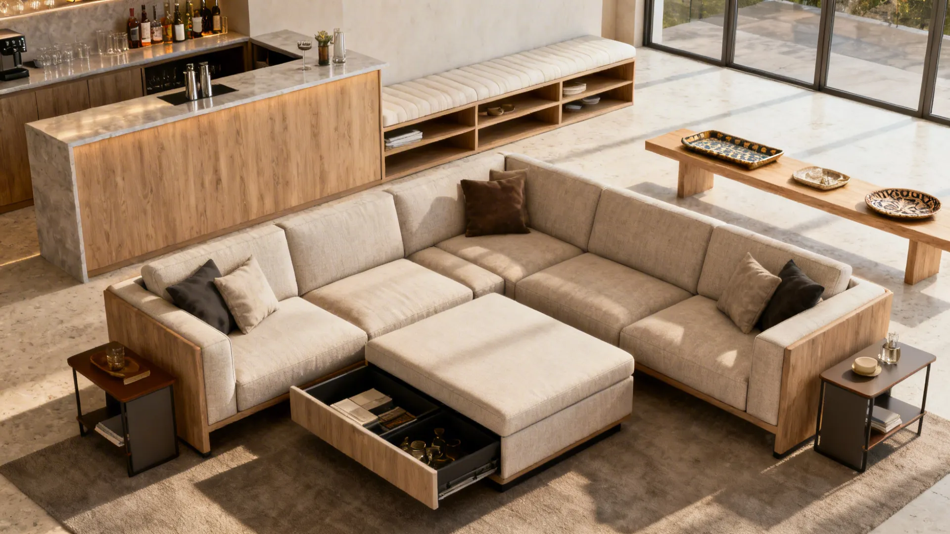 U-shaped sofa outfitted with storage ottoman and bench-style storage behind serving as a bar and console.