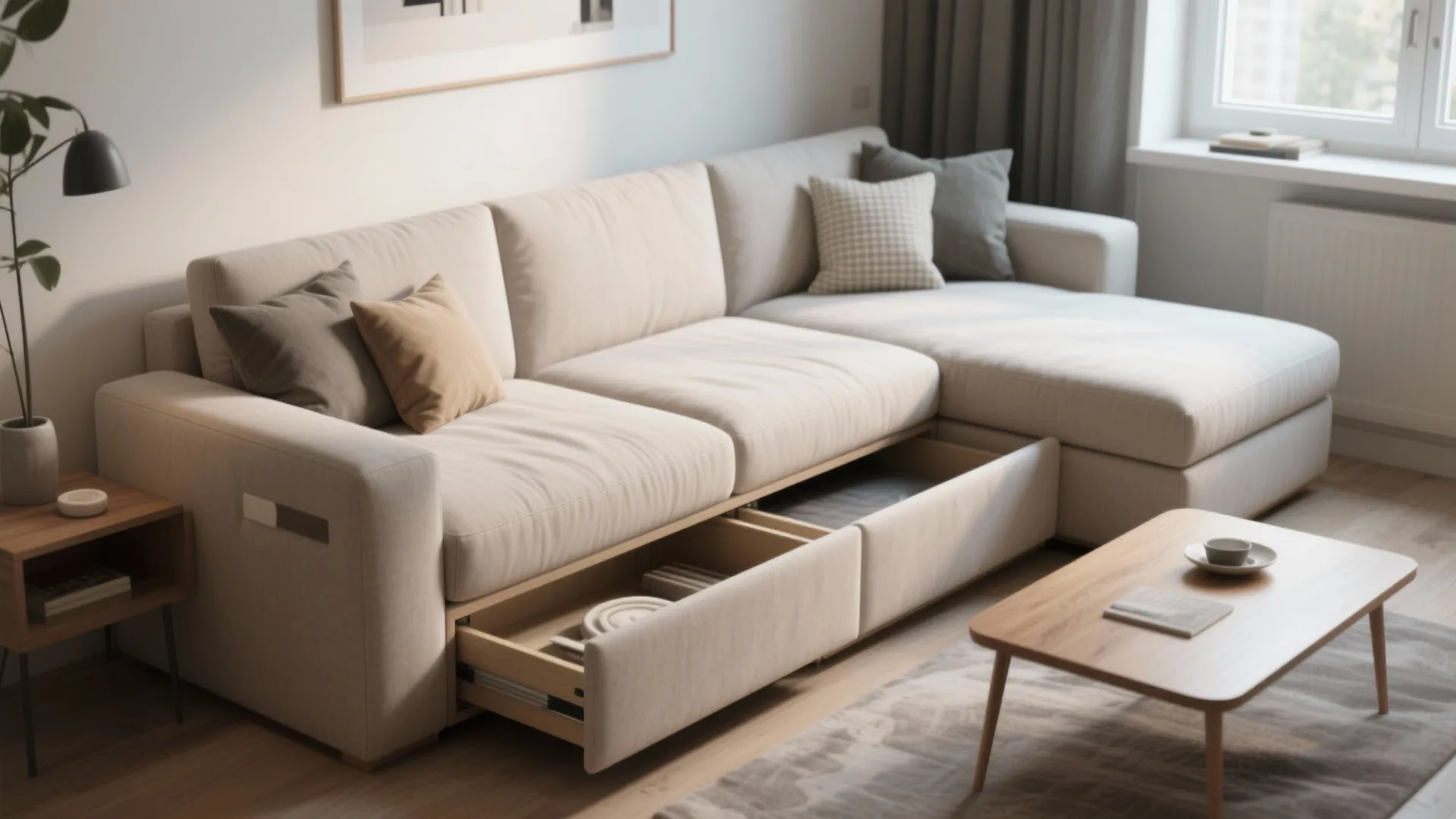 1. Open living with a multifunctional sofa