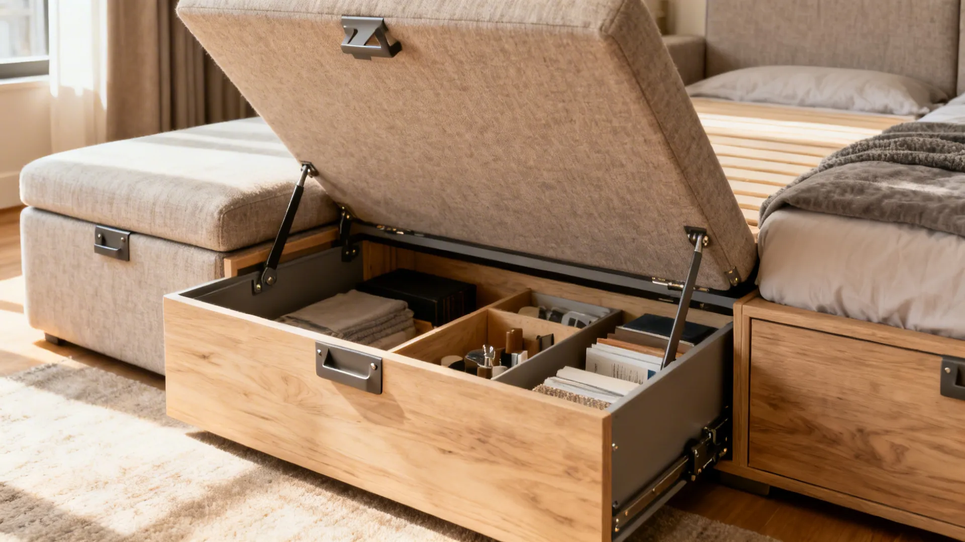 Close-up of a modular sofa with hidden storage and an ottoman converting into a guest bed in a small living room.