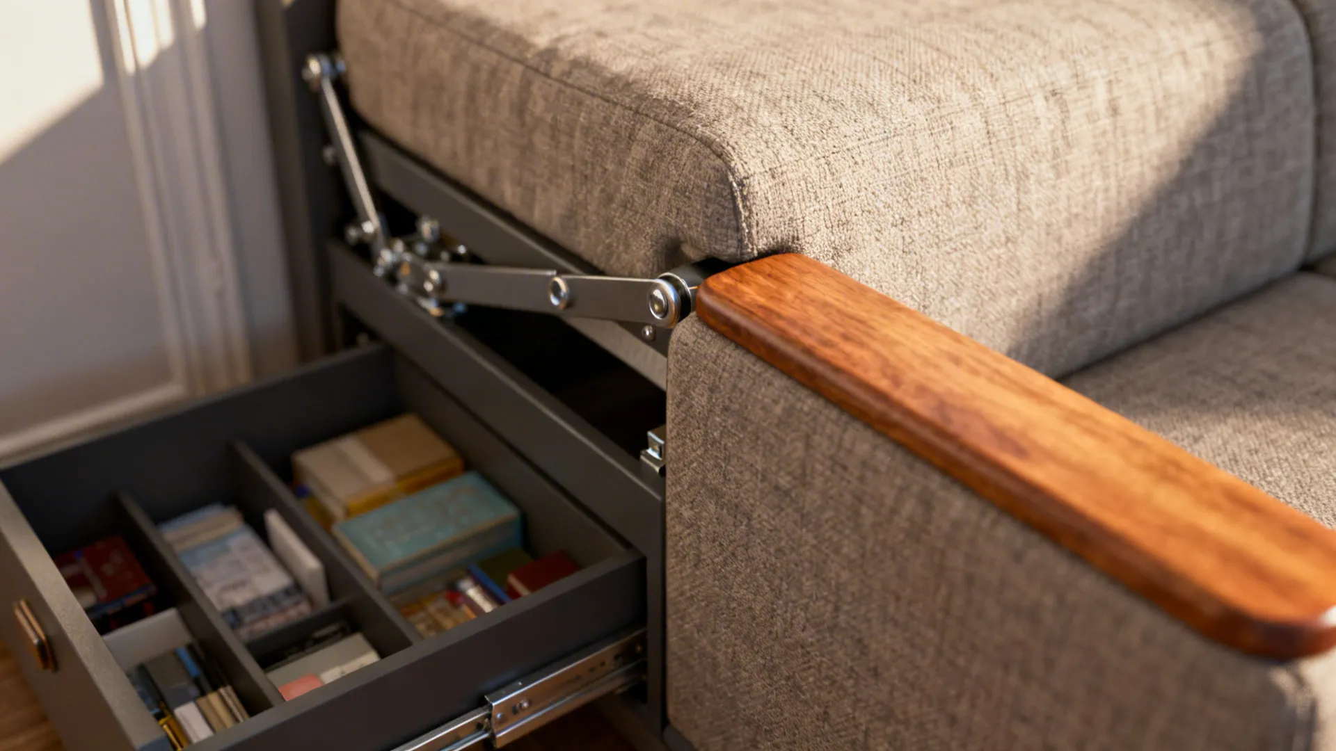 Close-up of a sofa-bed with built-in drawers and durable mechanism in a compact room