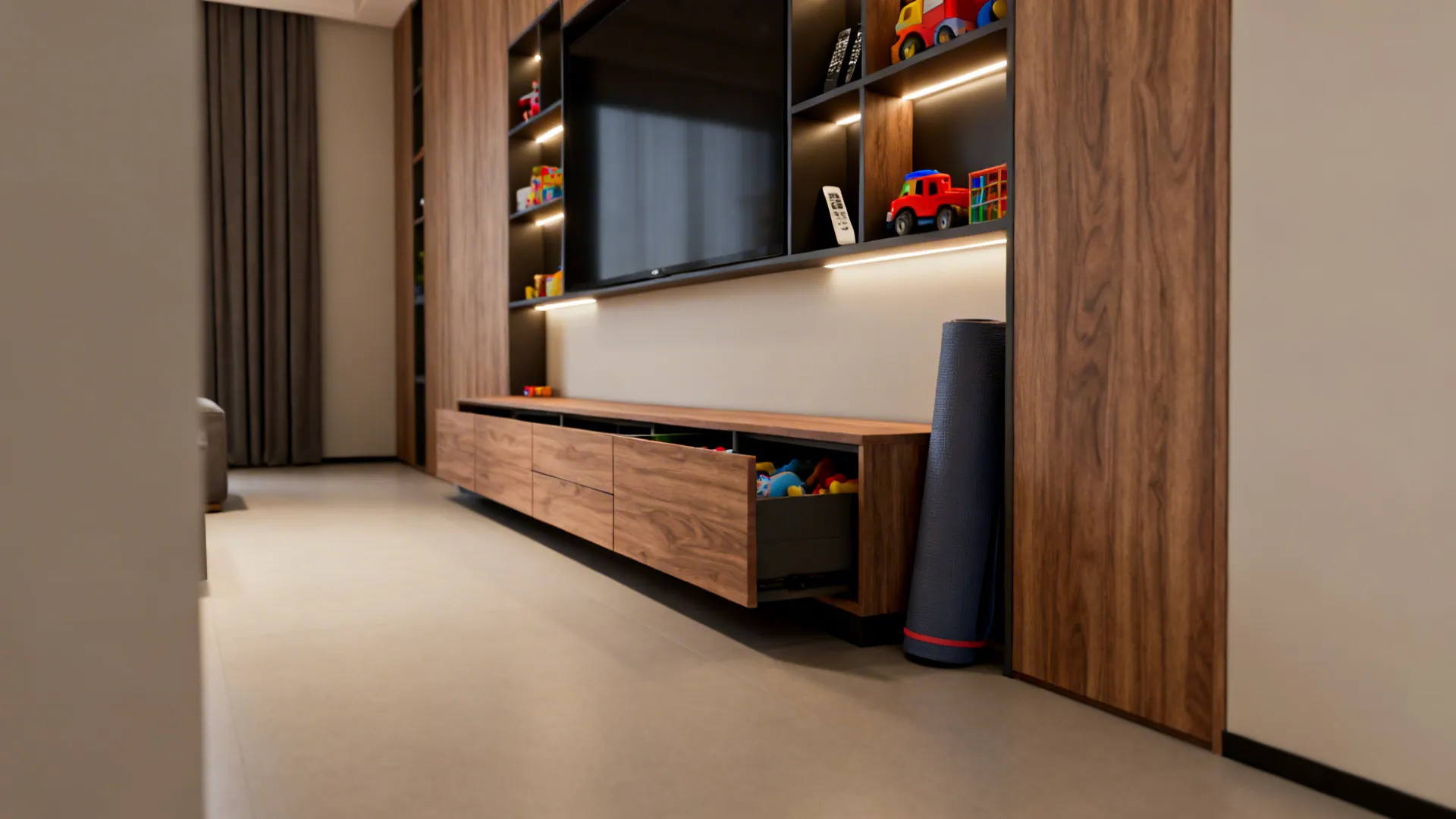 Built-in low media cabinet with hidden drawers and recessed shelving keeping a narrow living room clutter-free.