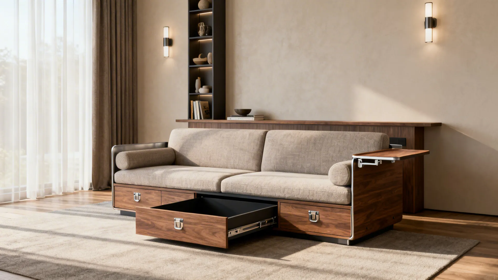 Loveseat with hidden storage open and a slim console bookcase behind the sofa with wall lights.