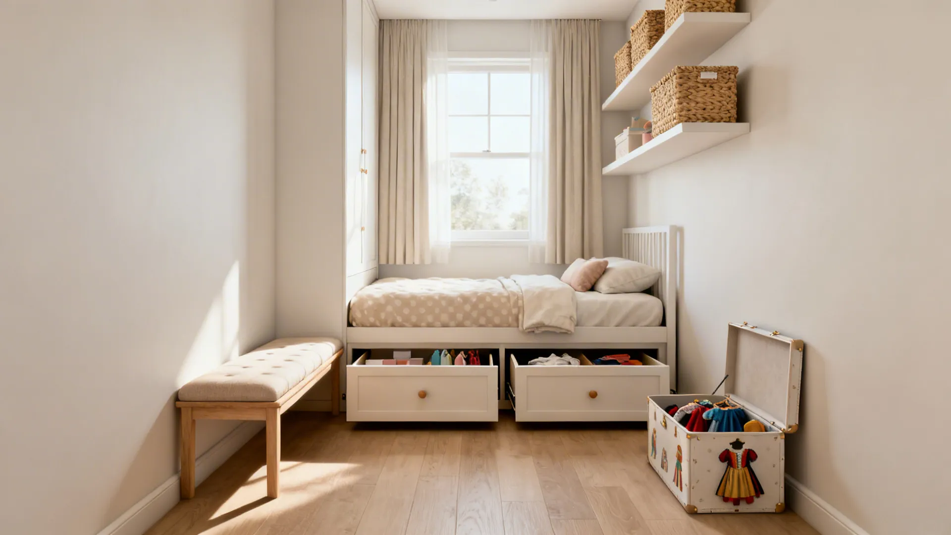 Organized small bedroom with under-bed drawers, storage bench, and floating shelves with woven baskets.