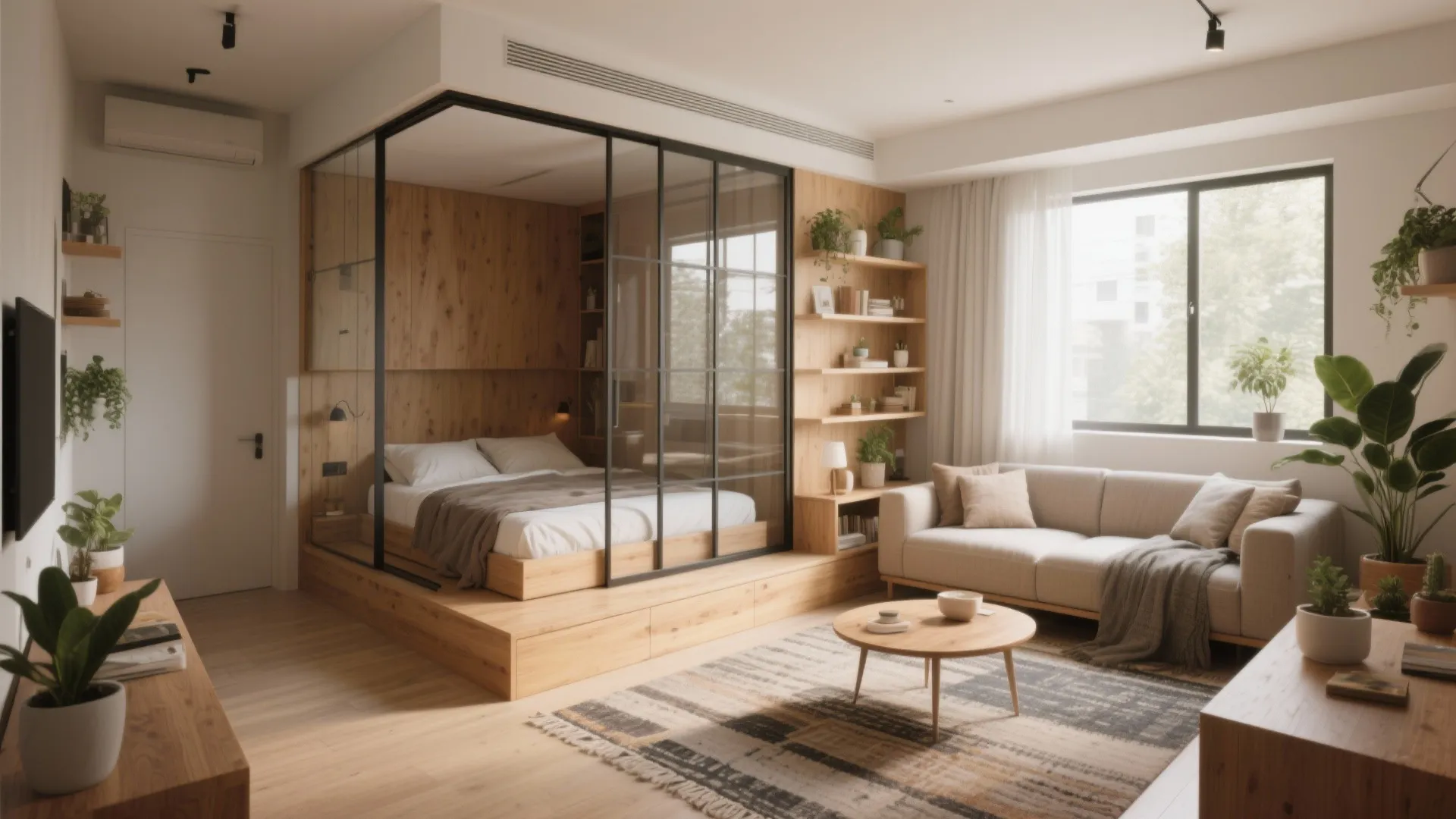 Modern studio apartment with glass walls separating the bed area from the living room sofa