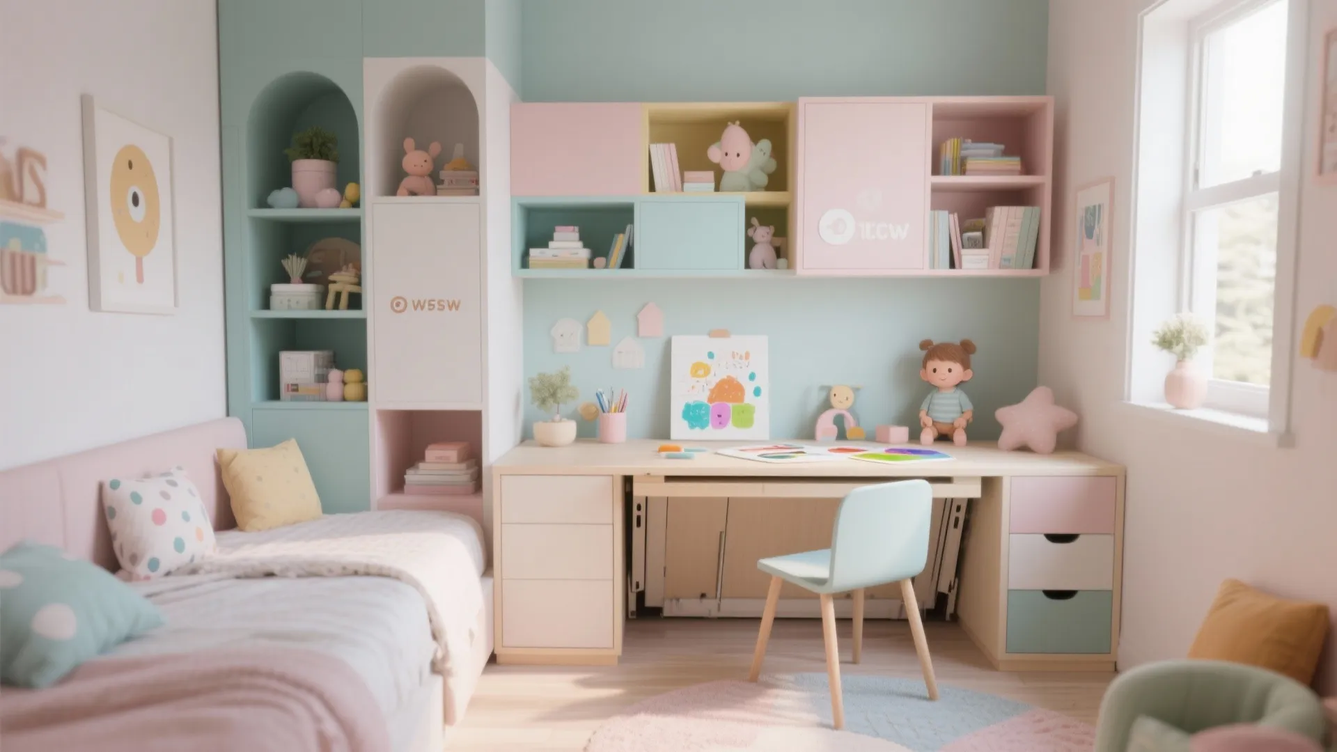 Colorful kids bedroom with wooden study desk pastel cabinets small bed blue chair and natural lighting