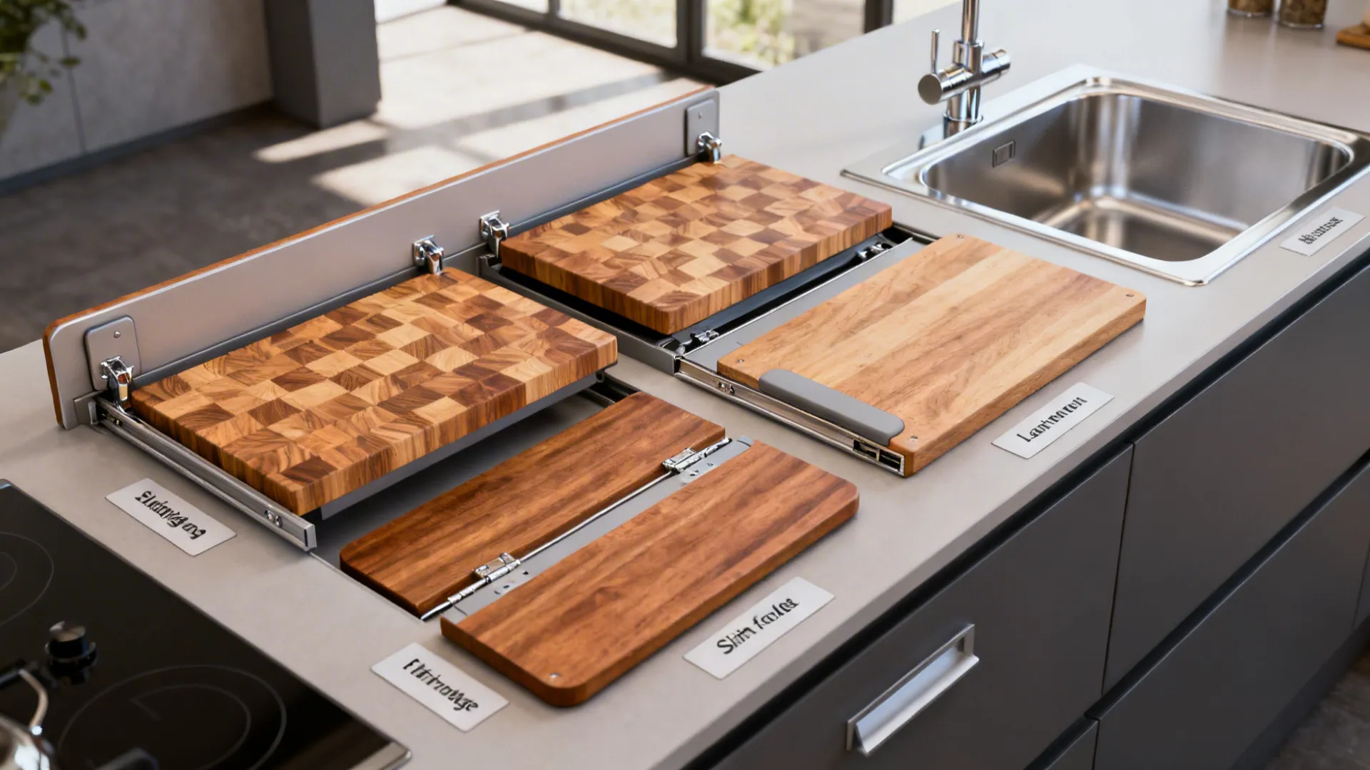 Flatlay of sliding butcher block, integrated cutting board over sink, and fold-away leaf components for a small kitchen.