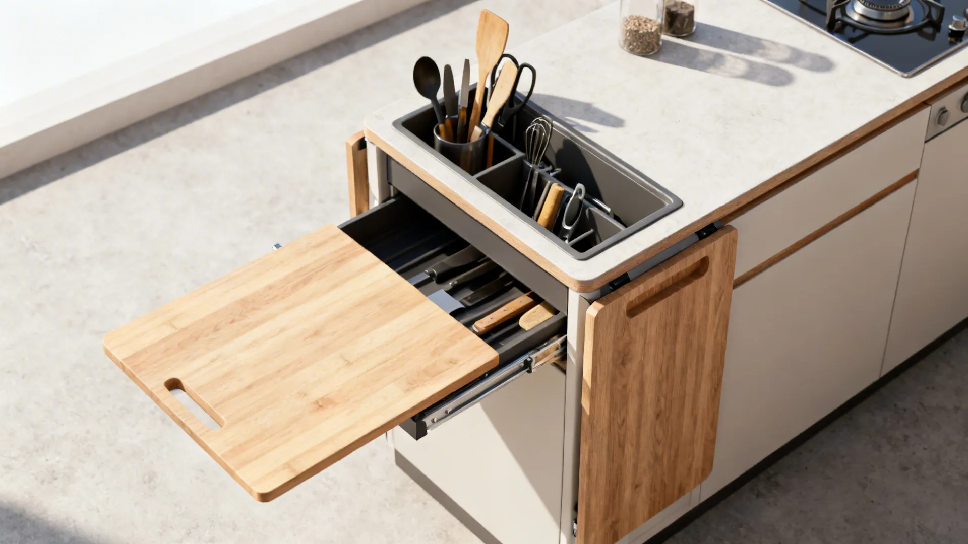 Top-down view of a small kitchen showing a pull-out cutting board and fold-down table in use