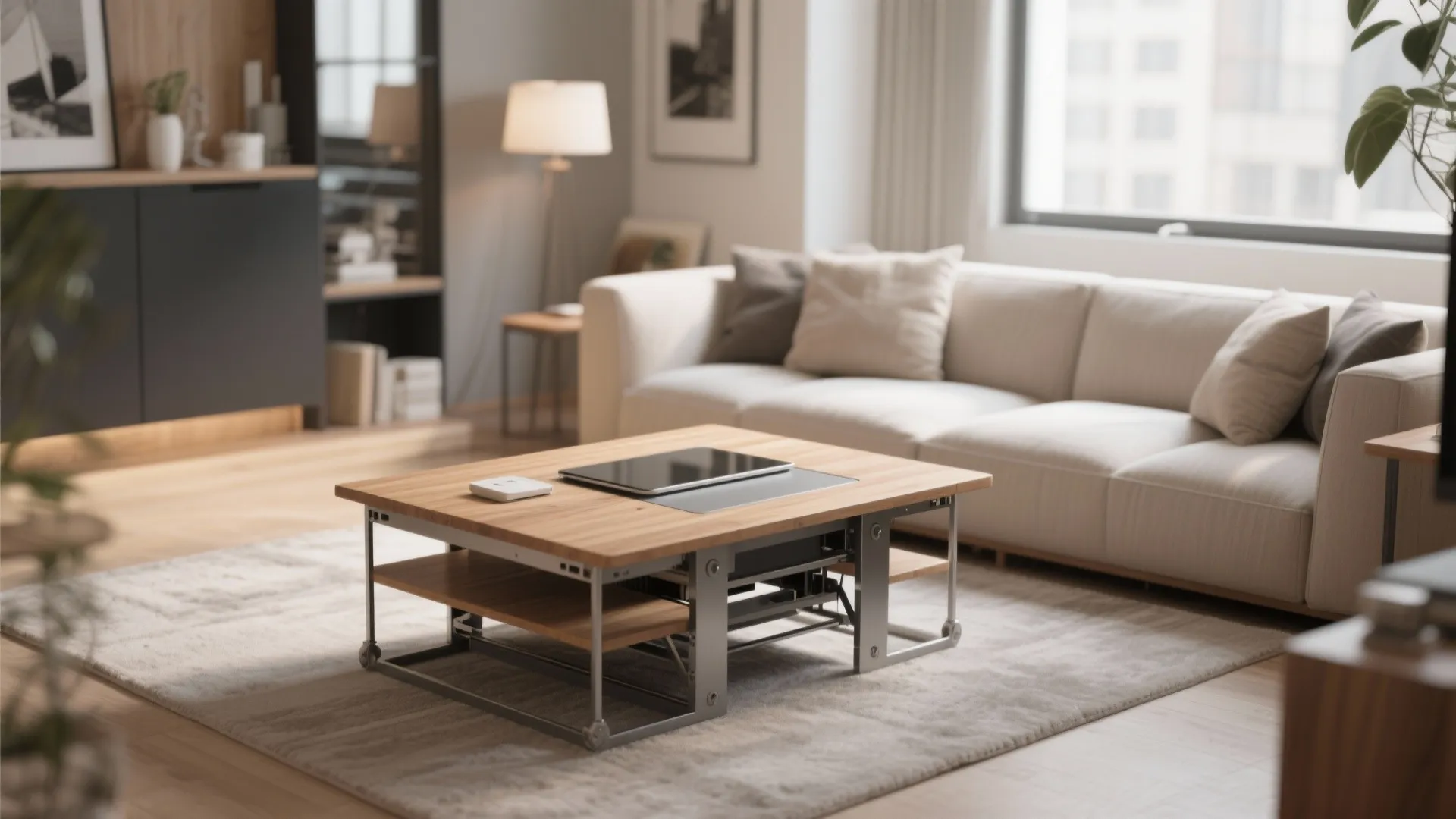 Modern wood coffee table with storage shelf in living room with beige sofa and rug