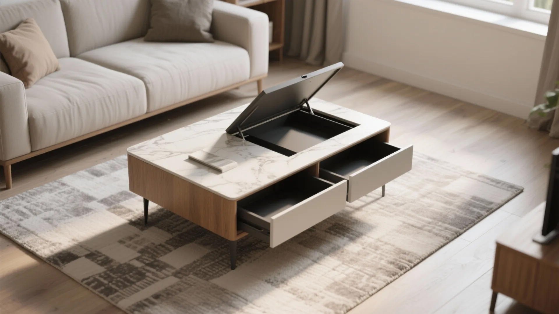 Modern coffee table with marble top showing open storage drawers and lift top functional design