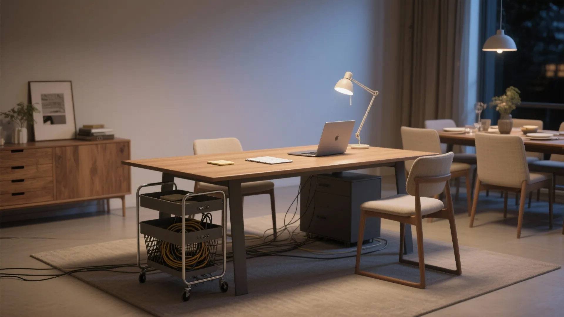 Home office setup with wooden desk laptop desk lamp grey storage cart and wooden storage cabinet