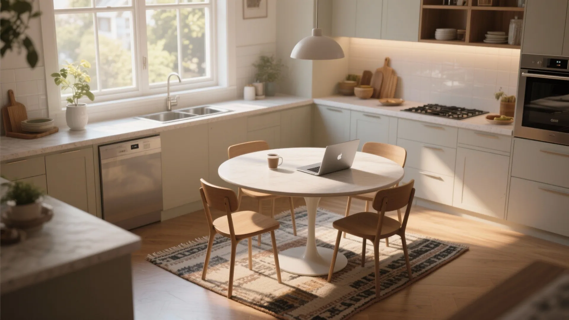 Modern kitchen with white dining table four wooden chairs laptop coffee cup and natural sunlight