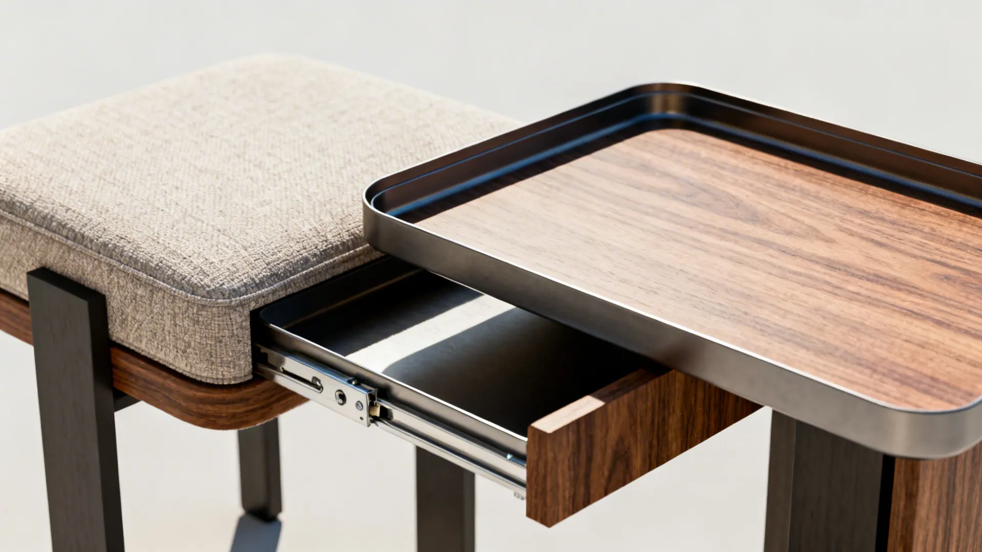 Multifunctional end table with removable tray top and cushioned stool option shown in converted states