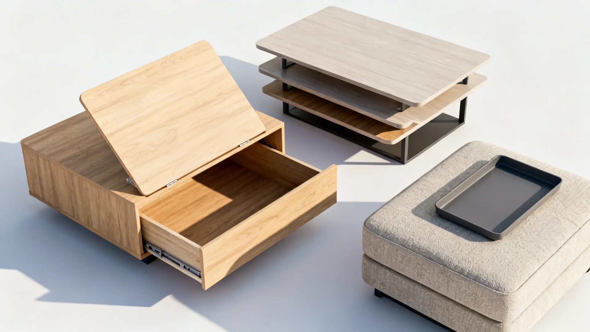 Functional coffee tables with lift top and storage drawer next to a soft fabric footrest ottoman