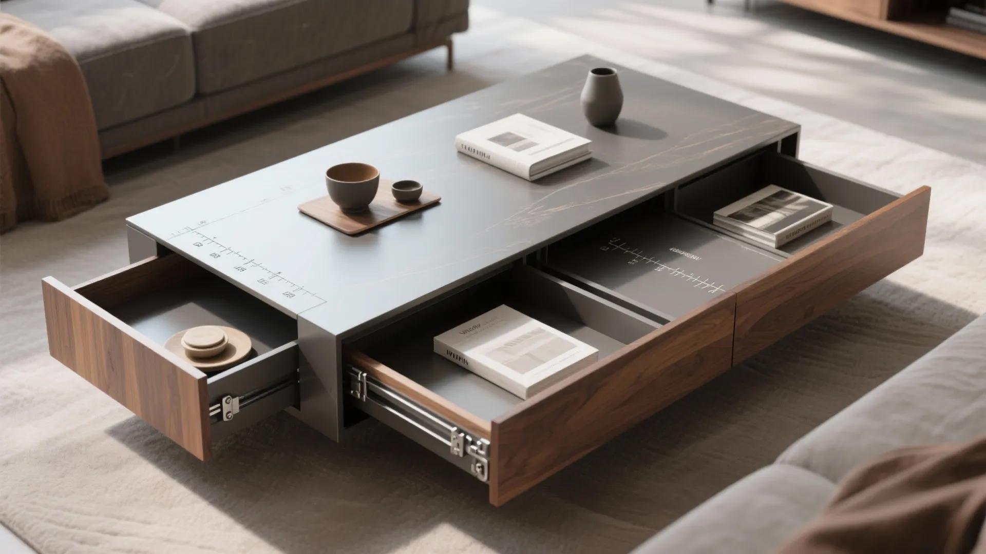 Modern grey coffee table with open wooden drawers containing books and cups on a rug