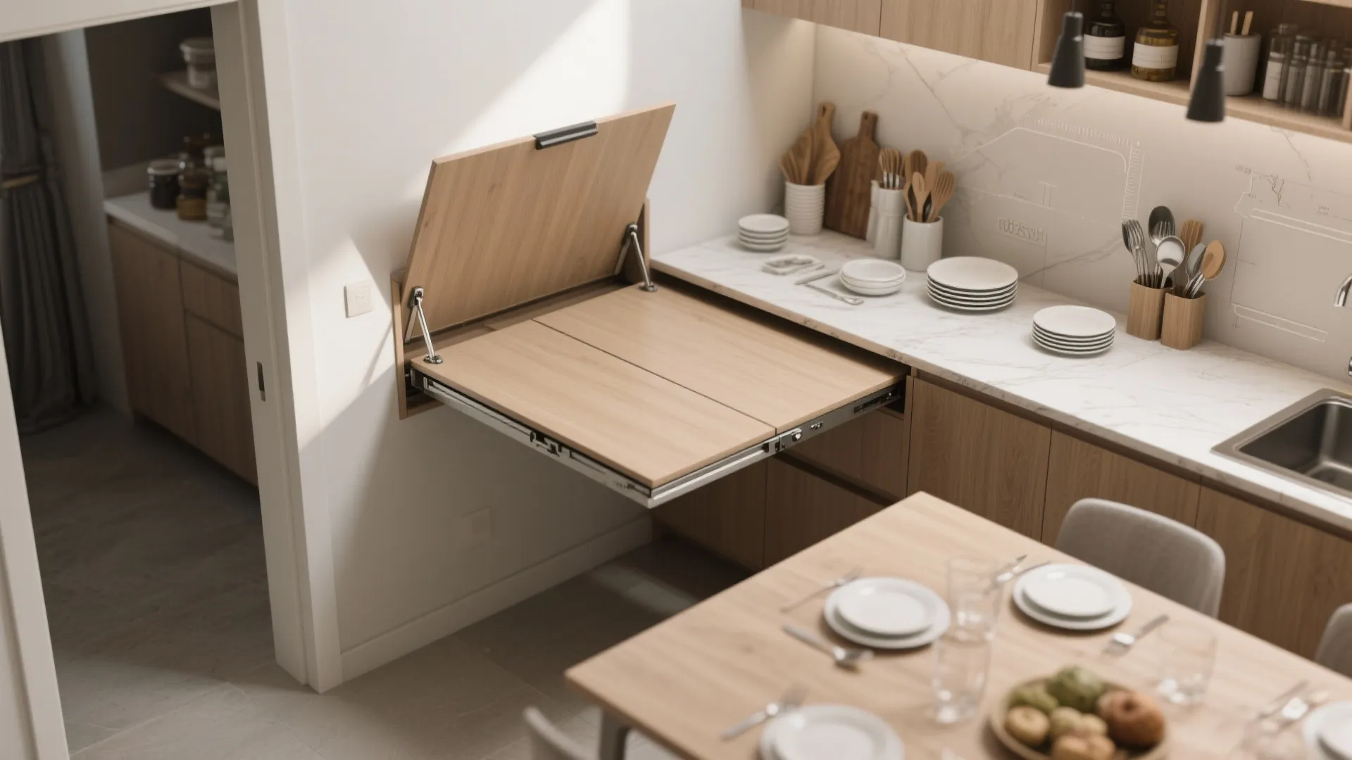 Pull out wooden table extension from a kitchen cabinet with plates and a dining table