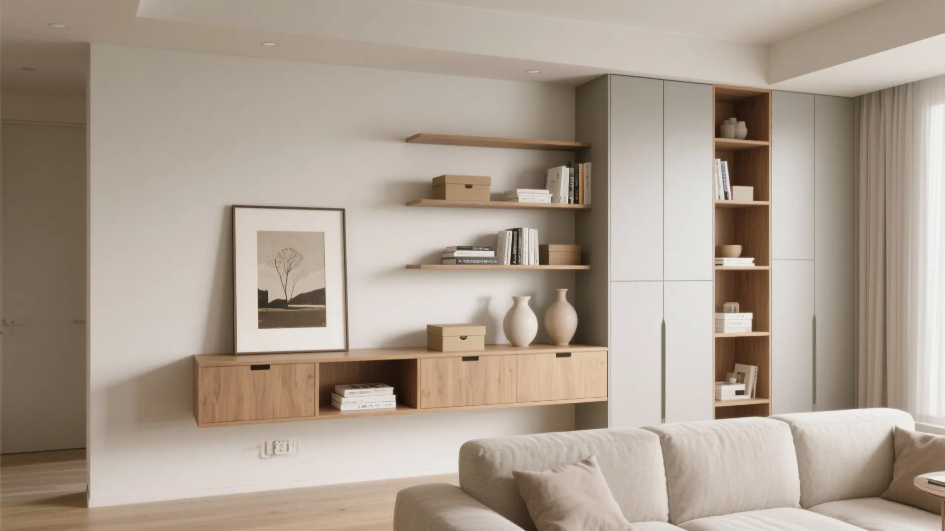 5) Multi-functional wall: shelves, shallow cabinetry, and art mix