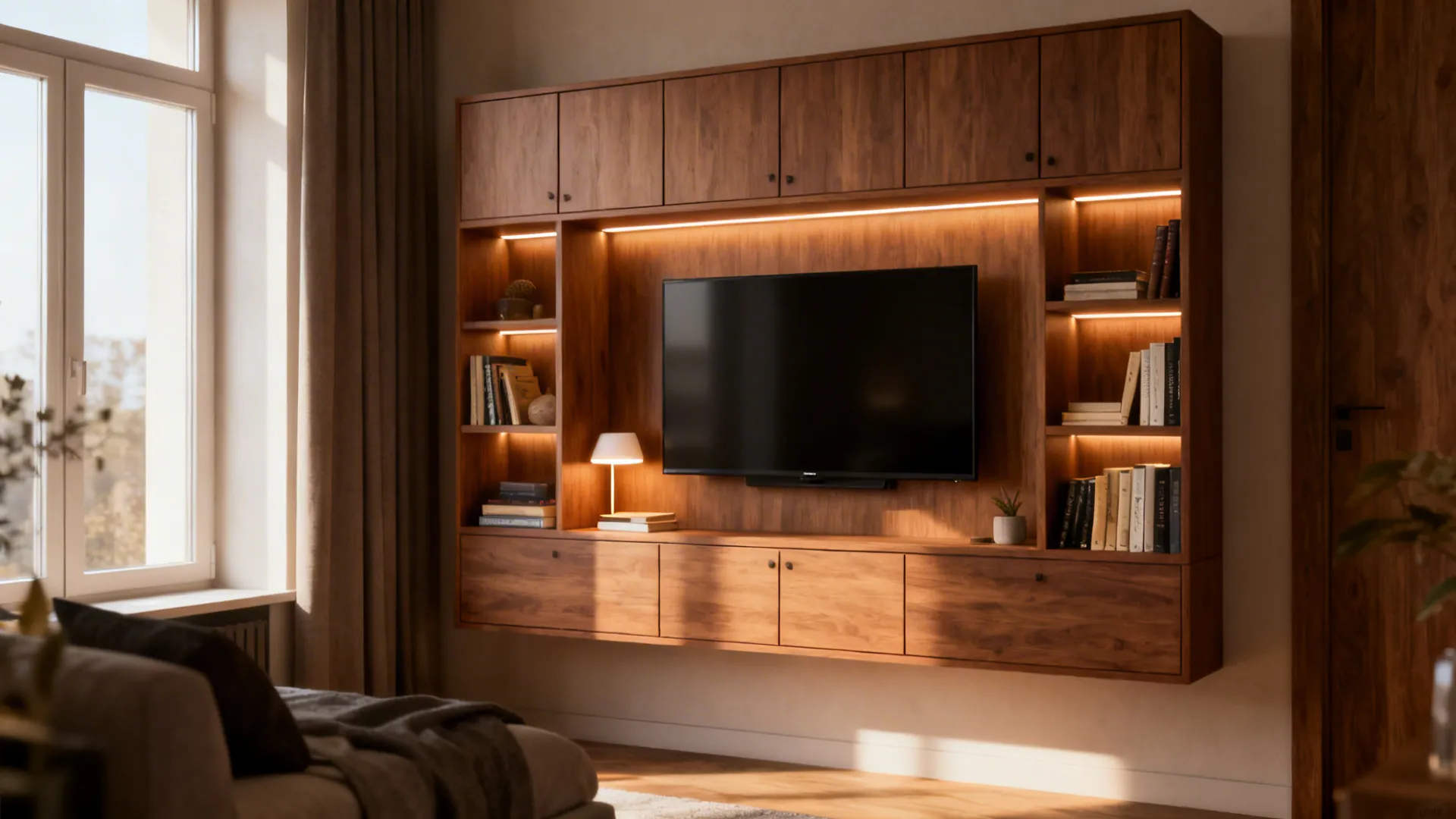 Compact wall unit combining TV, shelving, storage and integrated lighting in a small living room.