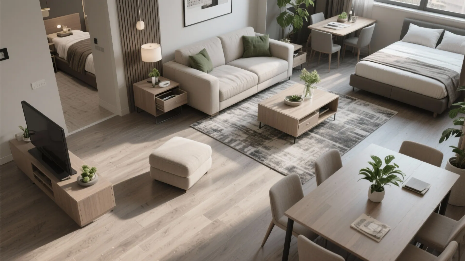 Top-down view of a suite showing multifunctional furniture like sleeper sofa, storage ottomans and folding table.