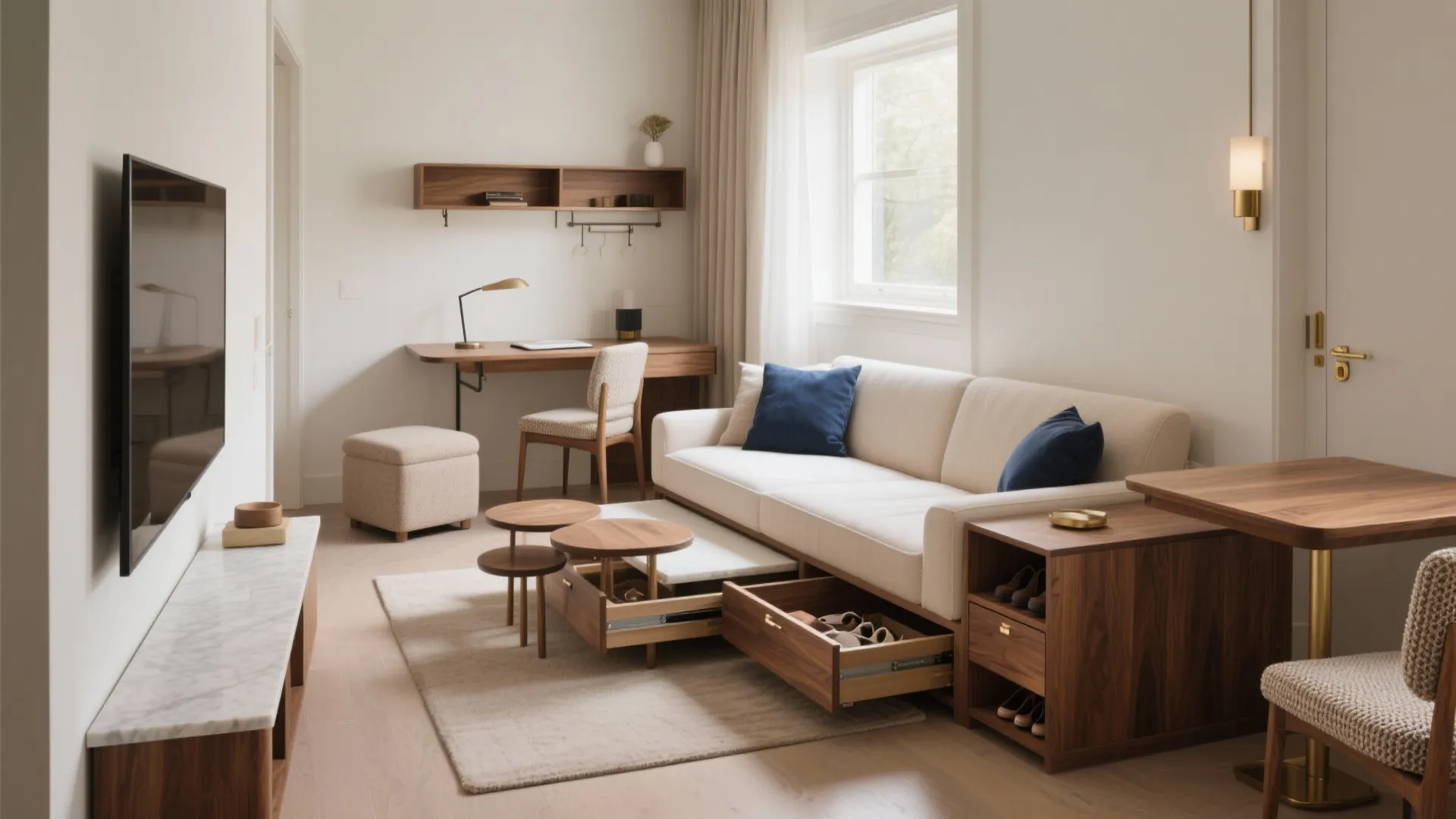 Multi-functional furniture and warm materials that feel rich