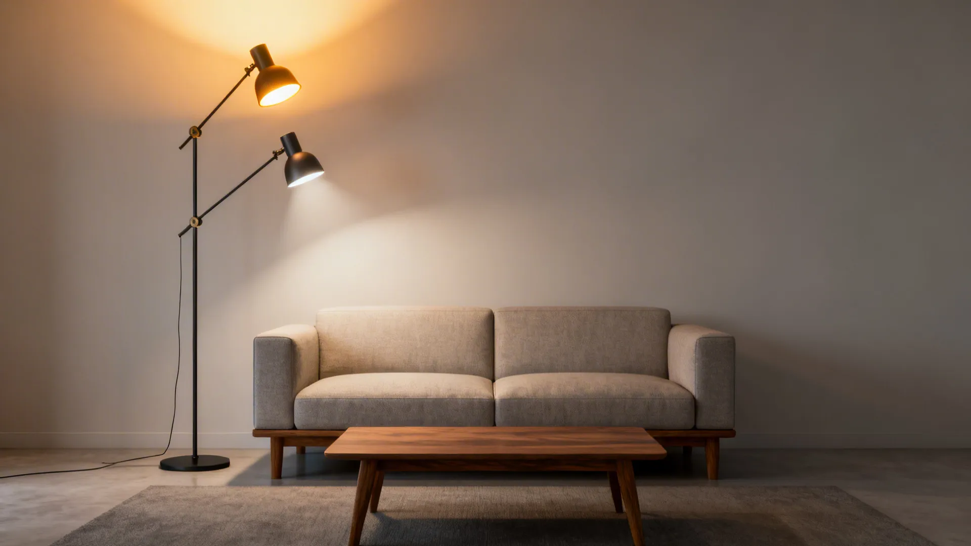 Multi-head floor lamp providing uplight and adjustable task spots to create layered lighting in a living room.