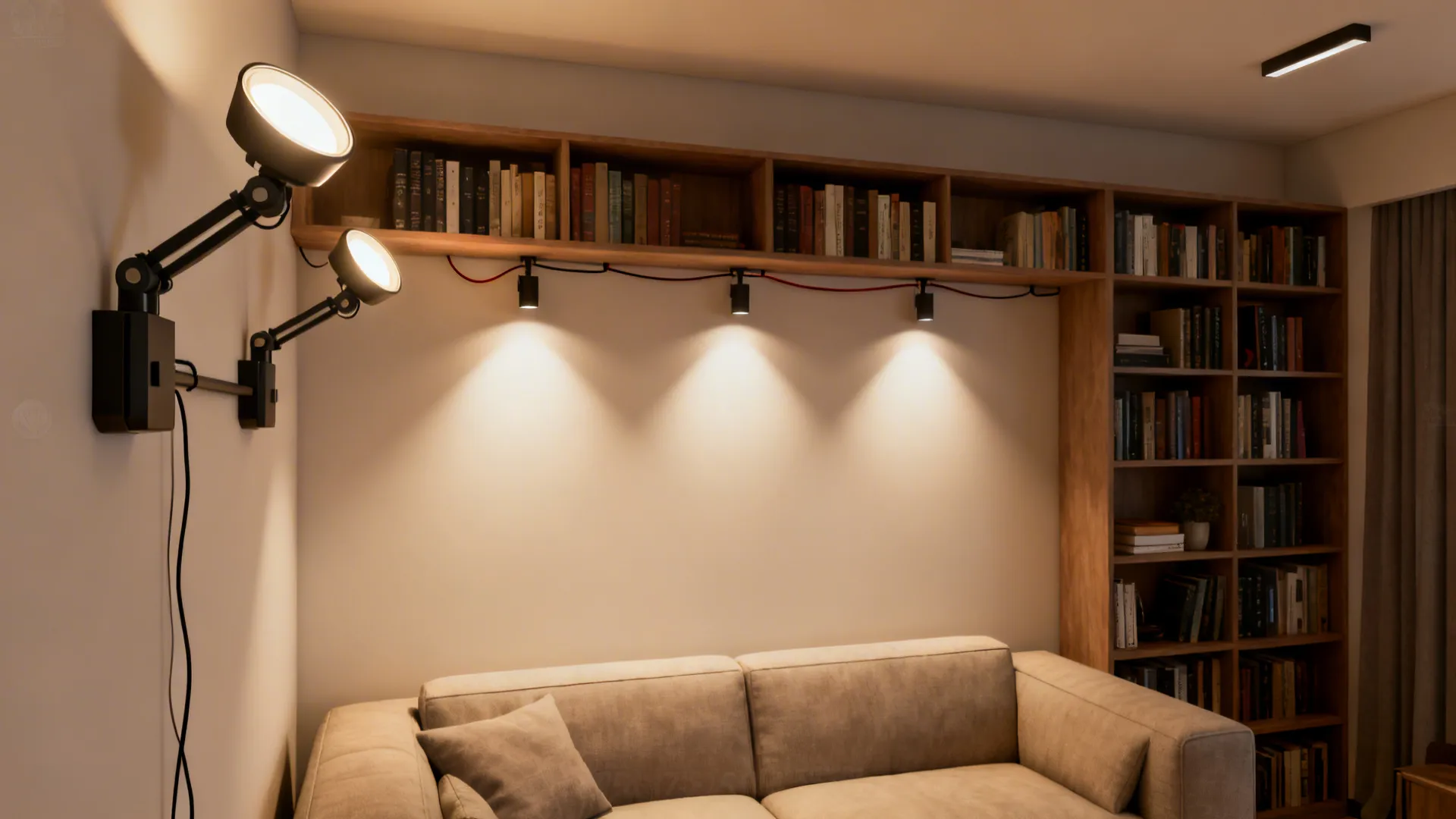 Compact living room with a three-head modular wall fixture providing adjustable layered lighting.
