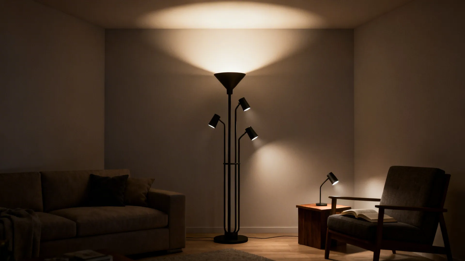 Black floor lamp with multiple light heads illuminating a cozy living room sofa and chair
