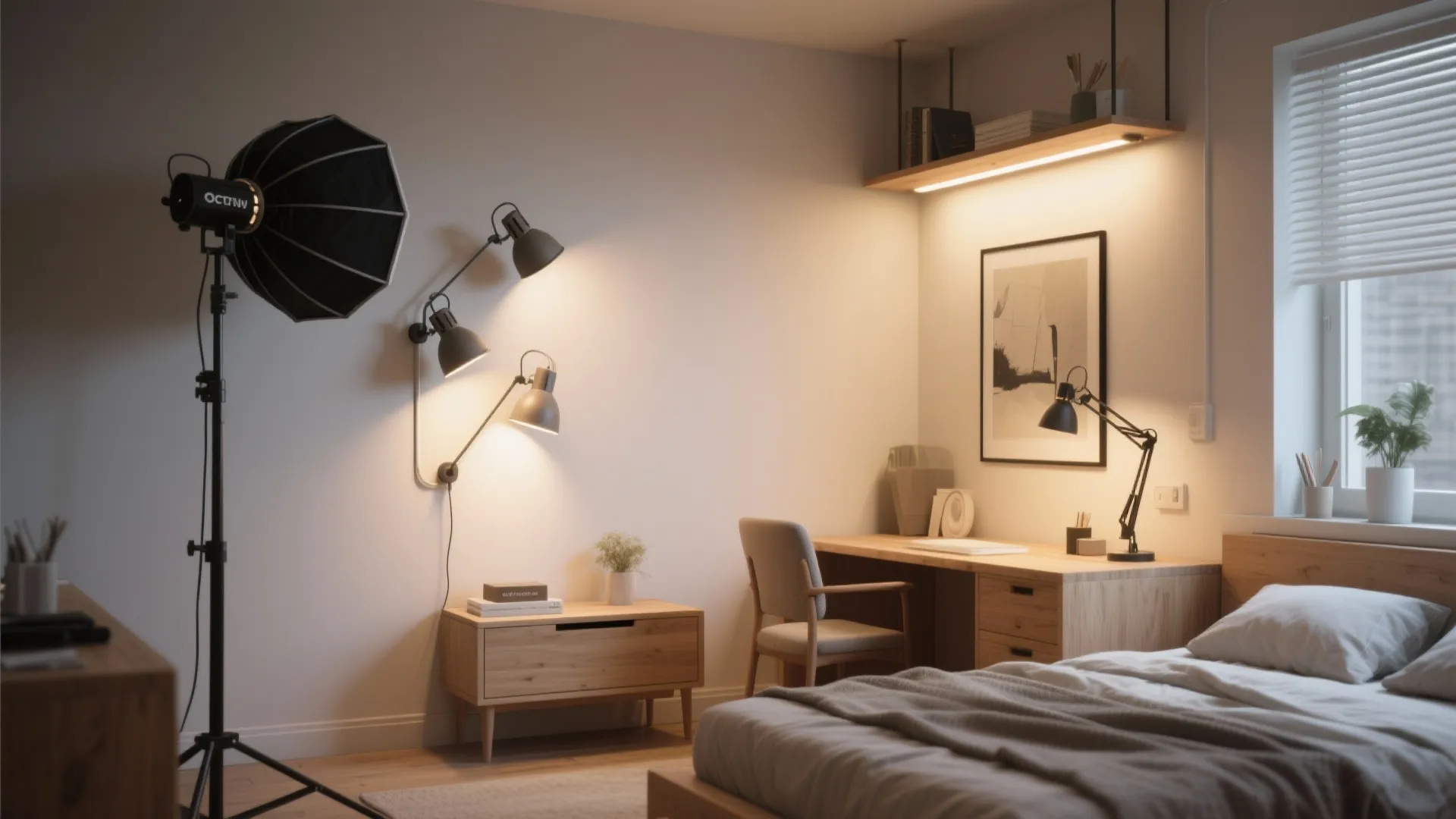 Studio zoned with a multi-directional Nordic wall lamp creating layered light areas