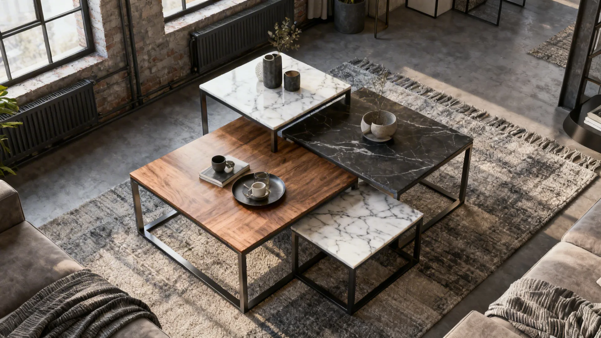 Cluster of low and mid-height coffee tables in mixed materials creating a layered look in a compact living area.