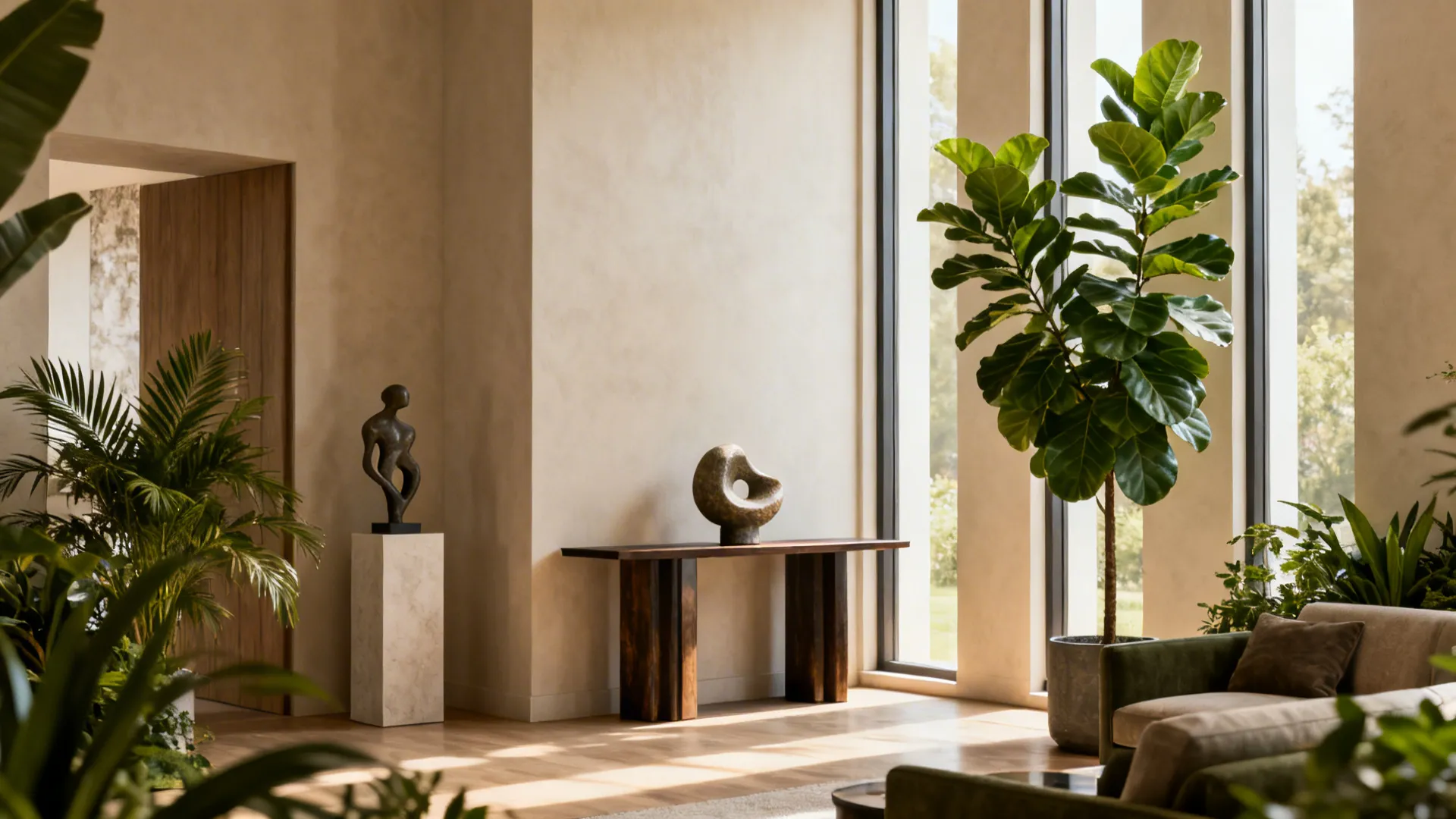 Tall fiddle-leaf fig, mid-height console and floor sculpture balancing a high room.