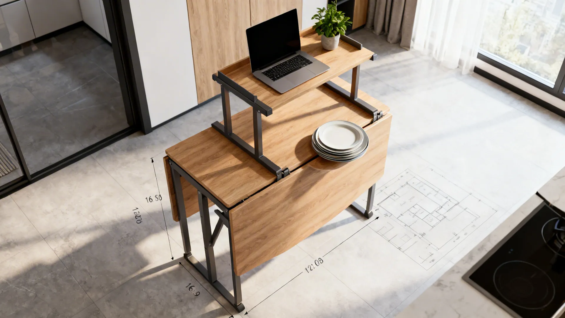 Multilevel fold-down table with a lower dining surface and a higher shelf used as a desk in a micro-apartment.