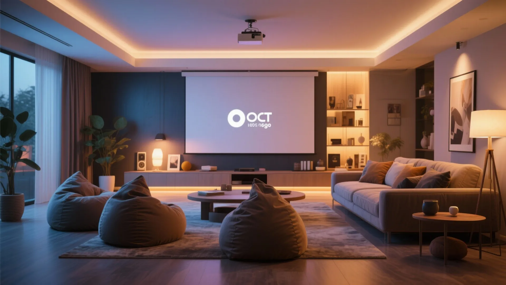 Bean bags arranged in front of projector for multimedia use