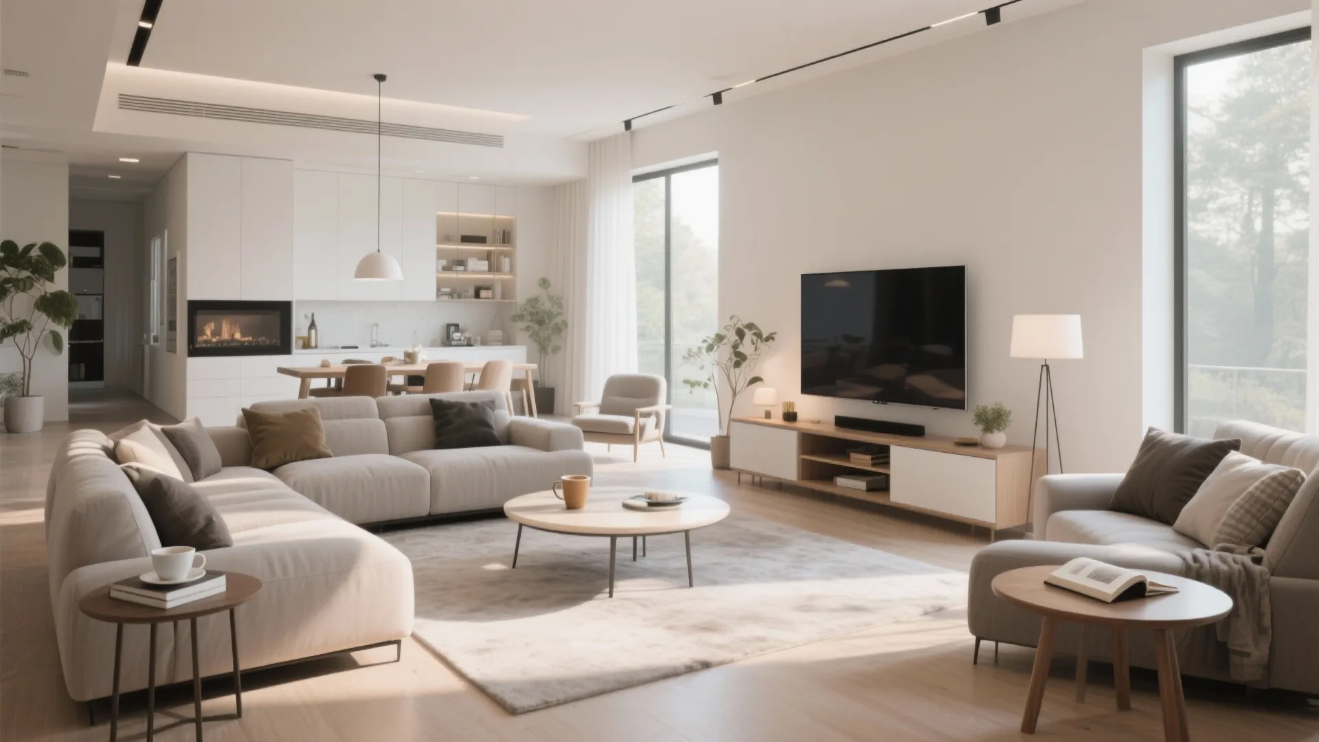 Bright contemporary living area with white sofas round coffee table television and open kitchen layout