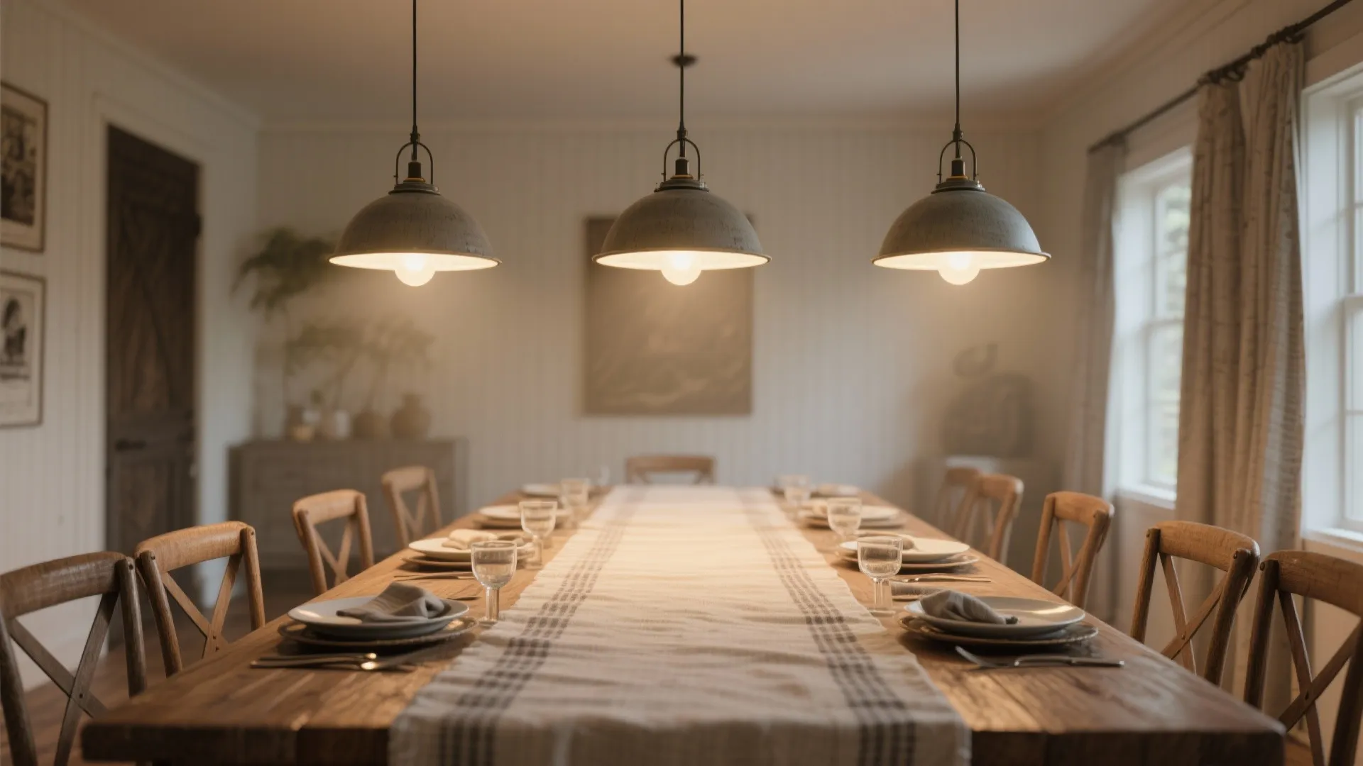 Long wooden dining table set with three grey ceiling light fixtures and many wooden chairs