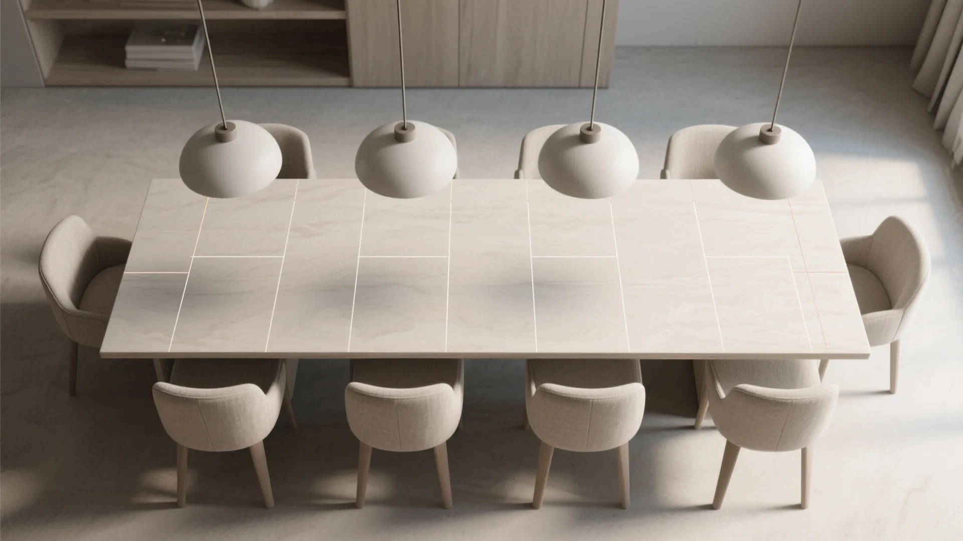 Long dining table with four white ceiling lights and beige chairs in a modern room