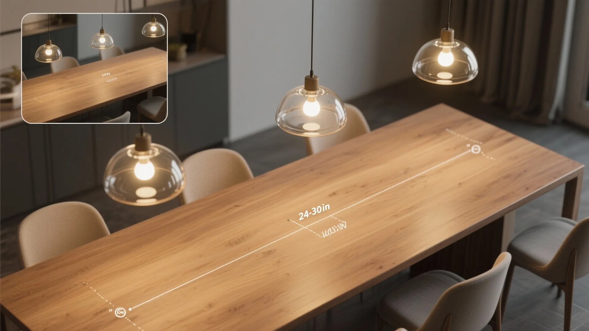Wooden dining table with glass ceiling lights showing measurement lines for spacing between light fixtures