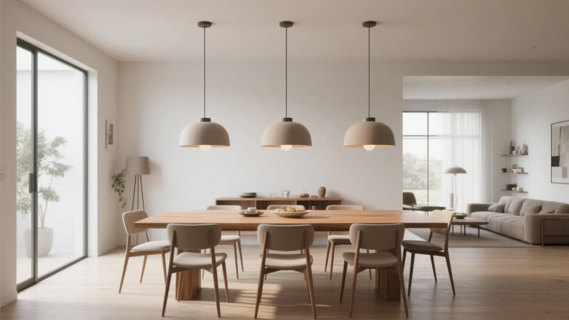 Modern dining room with wood table beige chairs three ceiling light fixtures and white walls