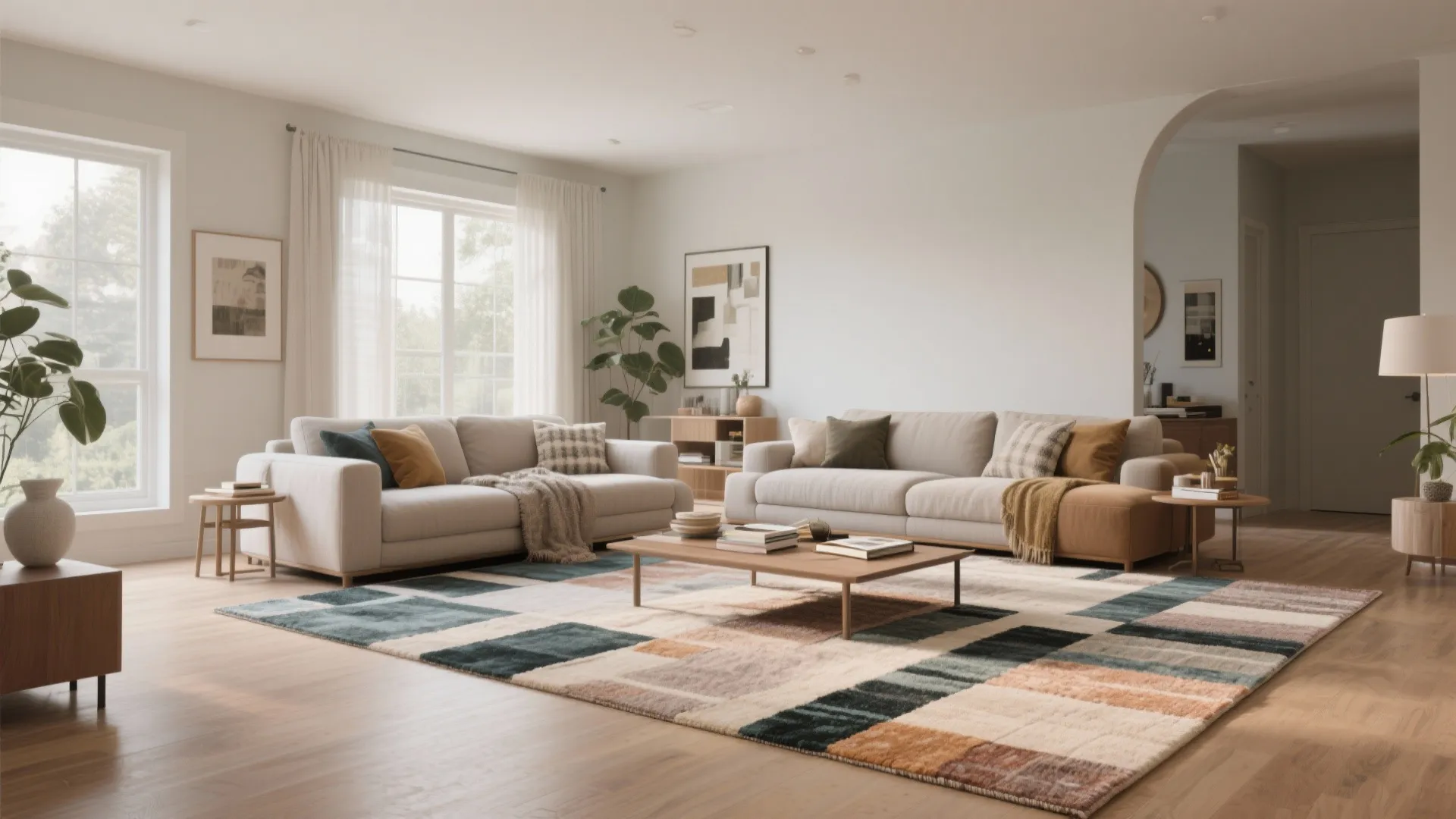 Spacious living area with two sofas and a colorful checkered rug on a wooden floor