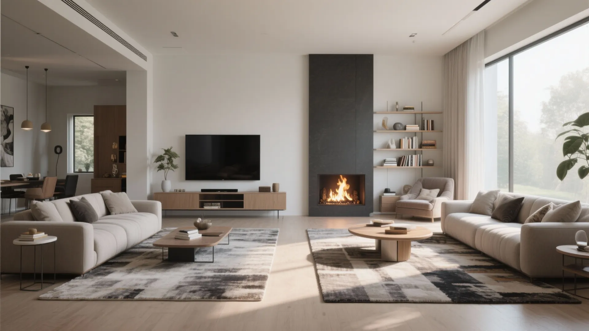 Modern open living room with two beige sofas, wooden coffee tables, fireplace, and television cabinet
