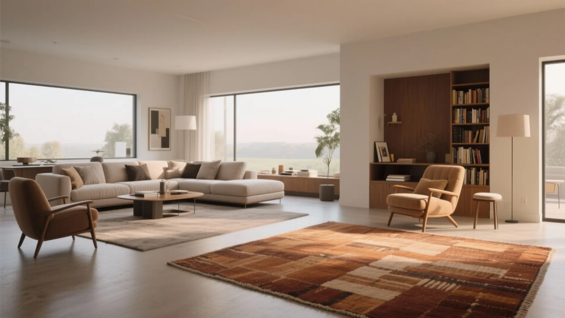 Modern living room with tan sofa two armchairs patterned rug and wooden wall cabinet storage
