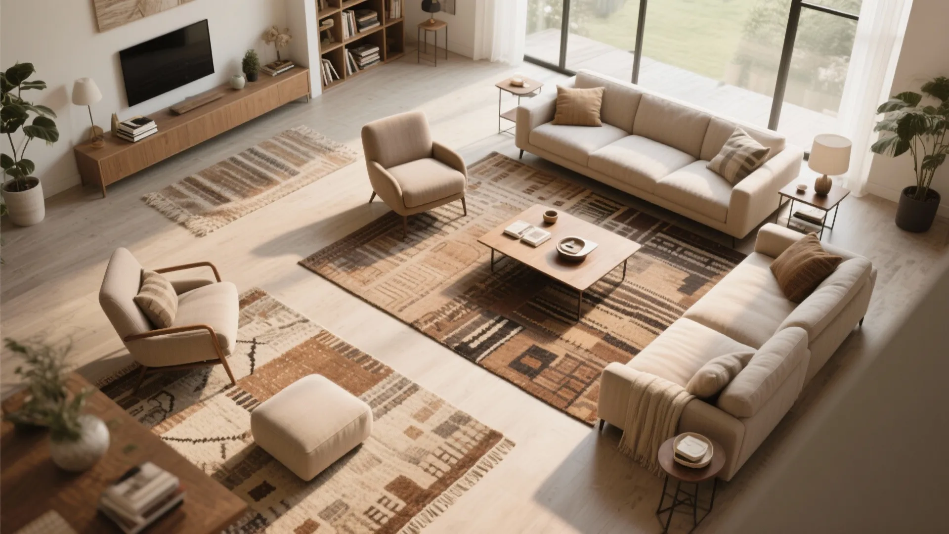 Large living room with defined multiple seating areas using rugs
