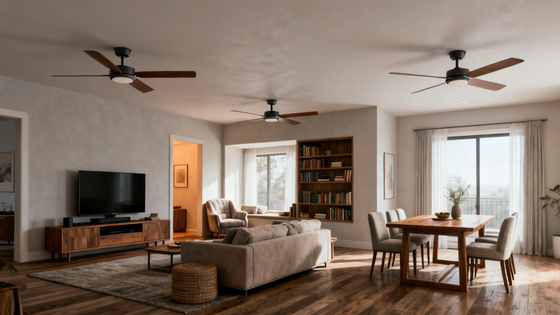 Multipurpose living room with three smaller ceiling fans aligned over TV, reading, and dining zones.